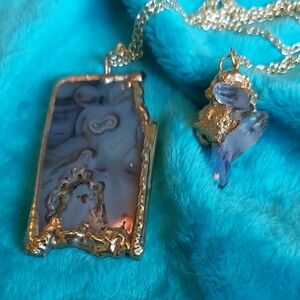 Sliced Purple Agate and Purple Crystal Pendants in Goldtone Settings